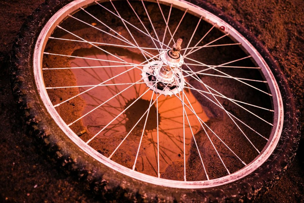 A bicycle wheel lying on a dusty dirt trail, lit by warm light