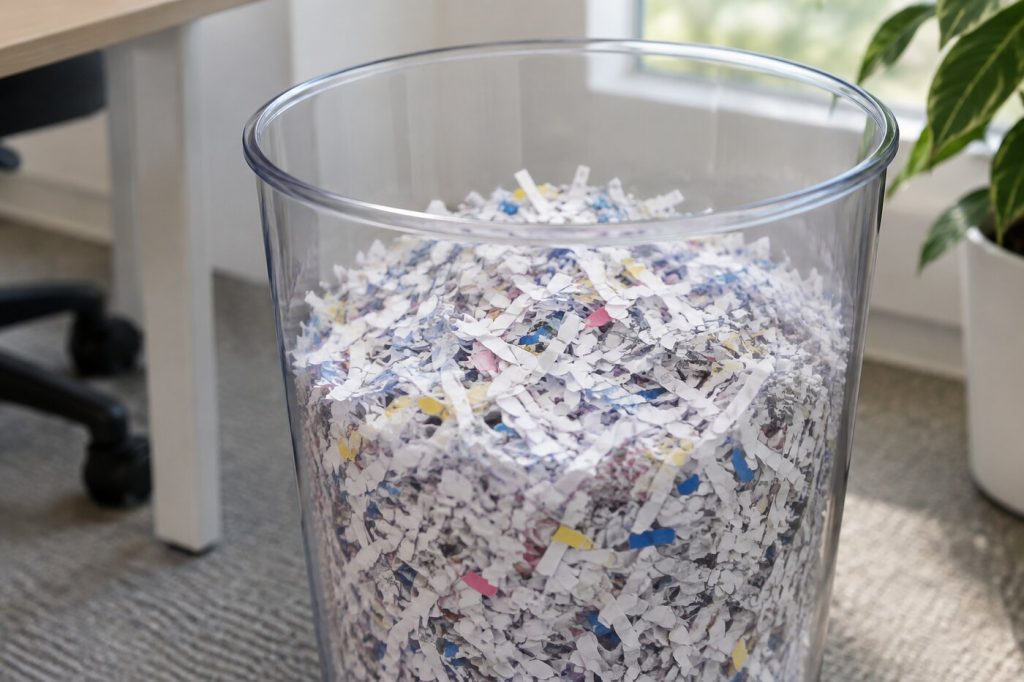 Fine cross-cut paper confetti filling a clear shredder bin