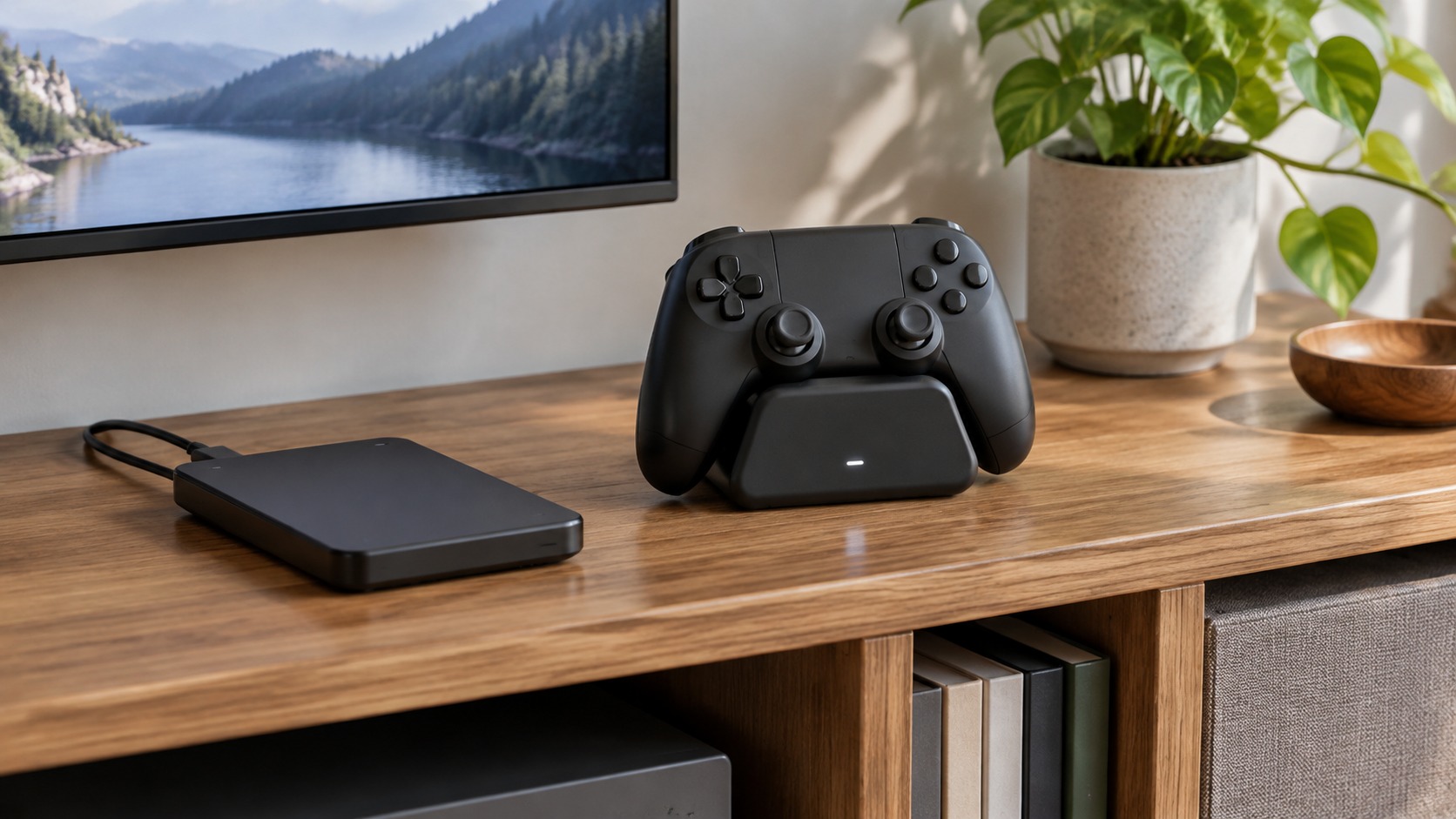 AI illustration of generic gaming accessories on a media shelf, not a listed product