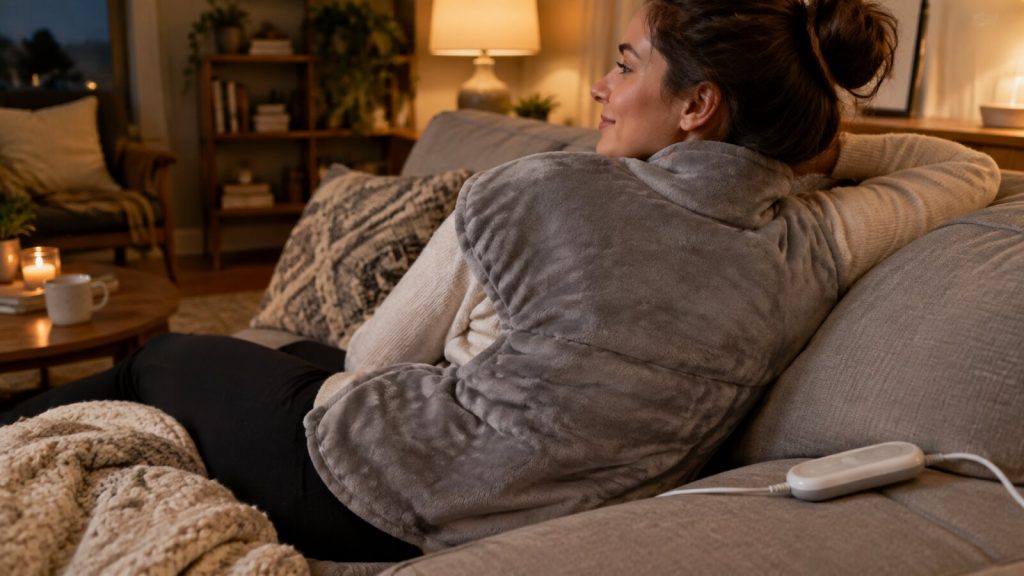 A woman relaxing on a couch in the evening with a soft gray heating pad draped over her back and shoulders, its controller resting on the cushion