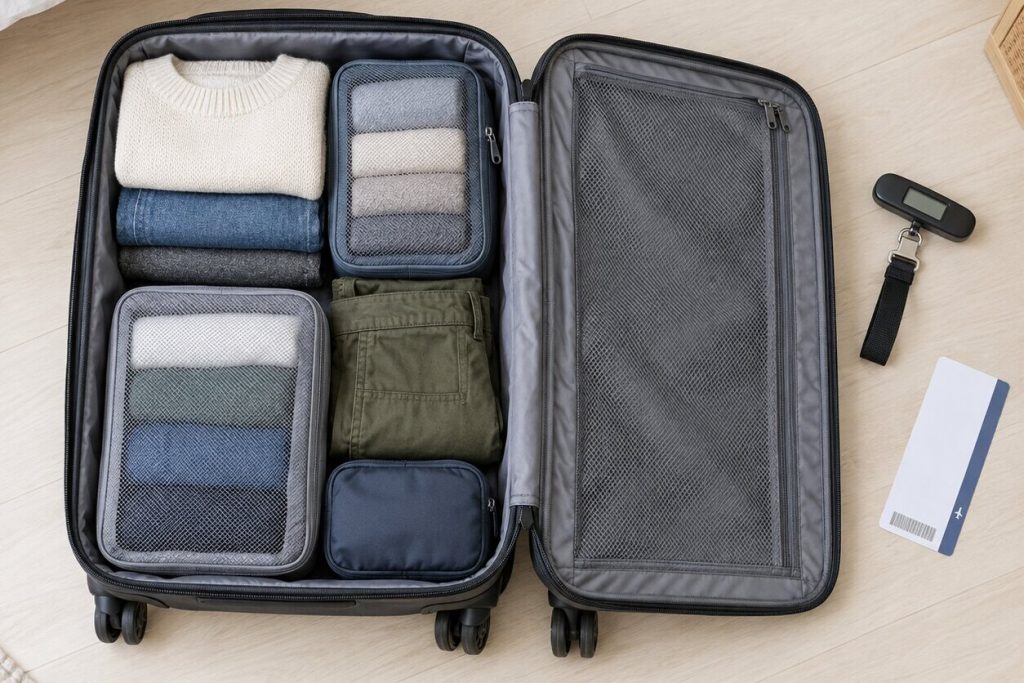 An open suitcase with packing cubes and folded clothes on a bedroom floor next to a small digital luggage scale with a strap and a boarding pass