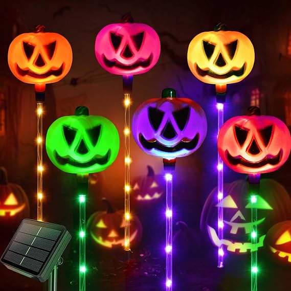 Six solar jack-o-lantern path light stakes