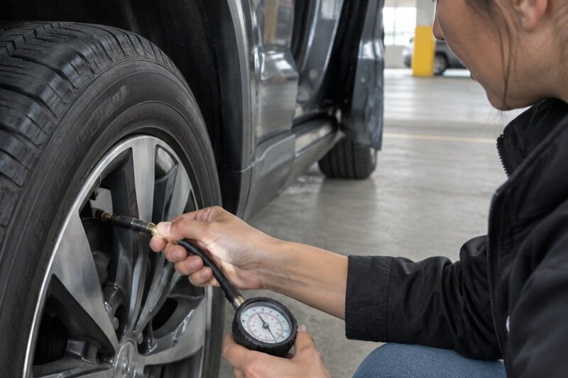 A person crouching beside an SUV tire checking pressure with a dial gauge in a parking garage