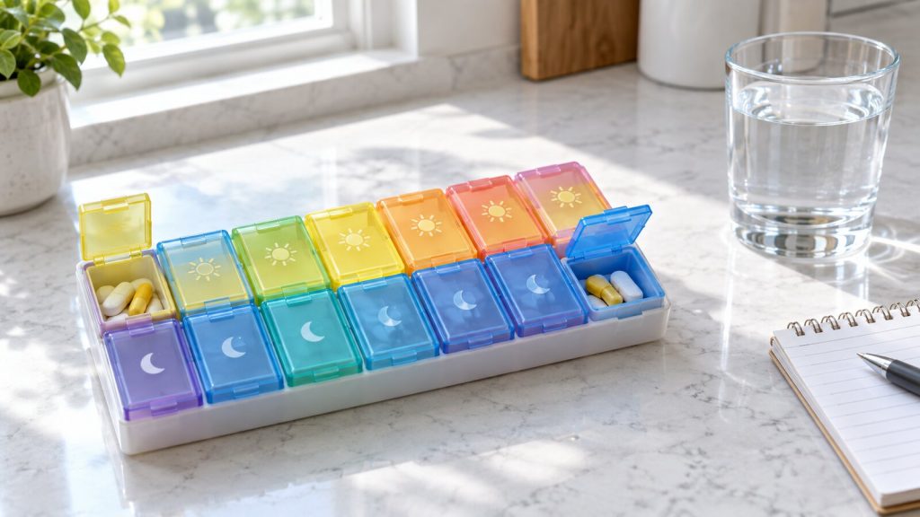 A colorful weekly pill organizer with sun and moon compartments for morning and evening on a kitchen counter next to a glass of water and a notepad