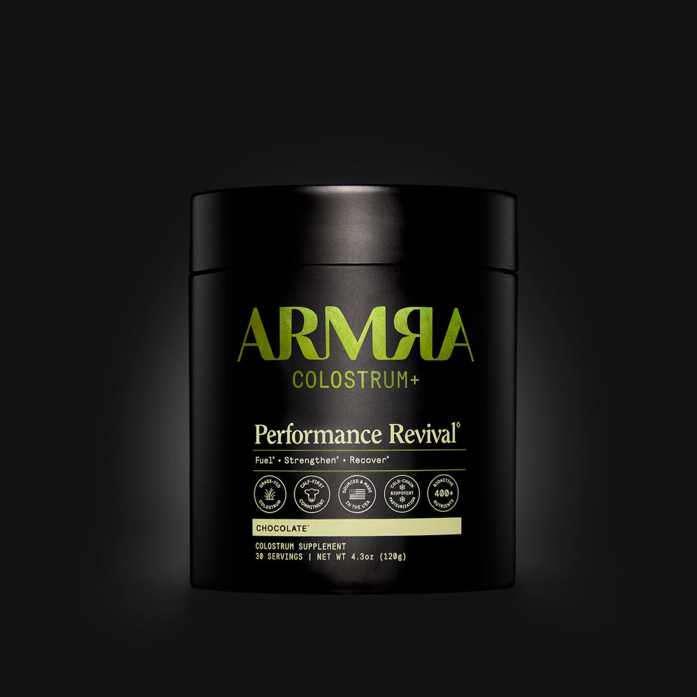 Chocolate colostrum performance powder jar