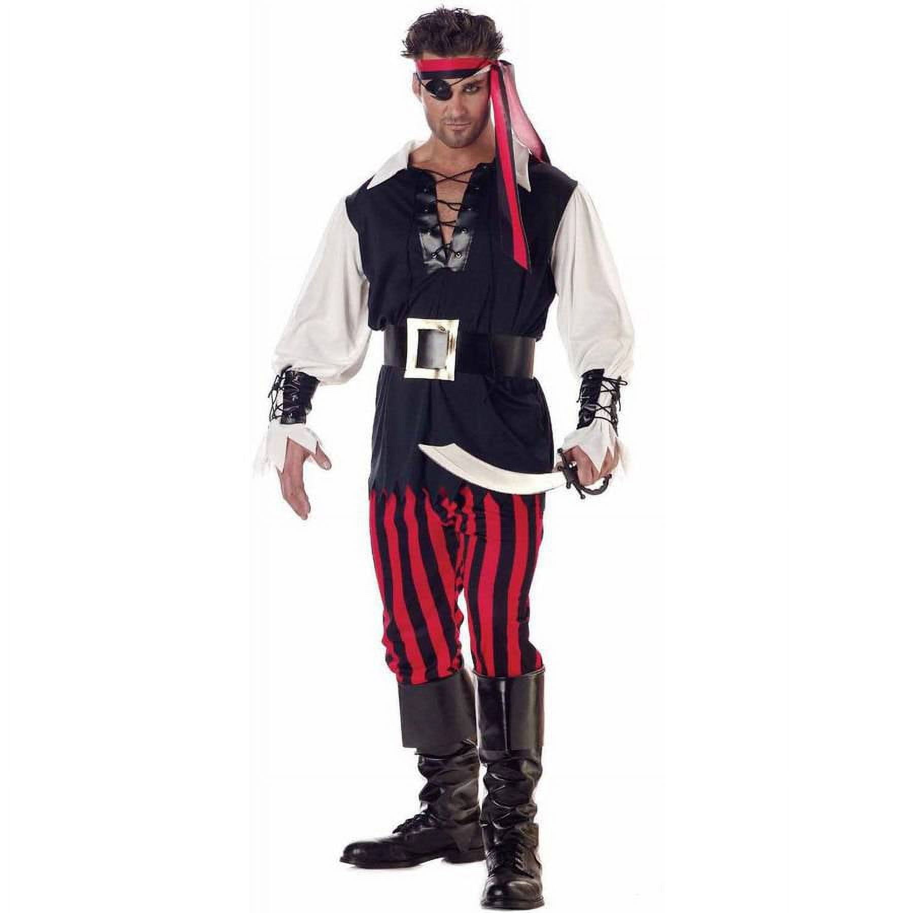 Adult pirate costume with striped shirt and vest
