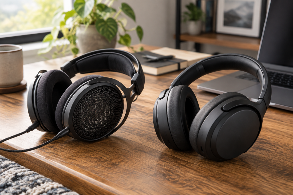 An open-back wired headphone and a closed-back wireless headphone on a desk