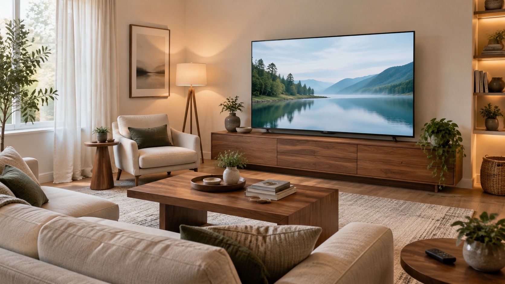 AI illustration of a television in a bright living room, not a listed product