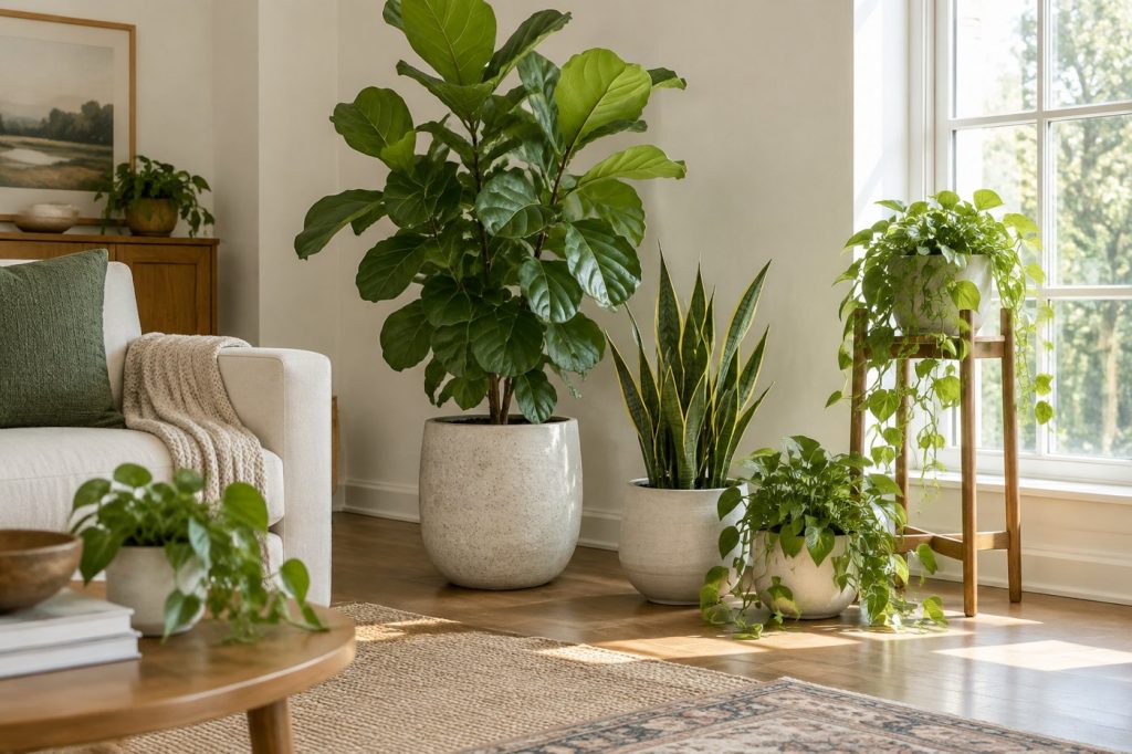 Houseplants in ceramic planters of different sizes in a bright living room corner
