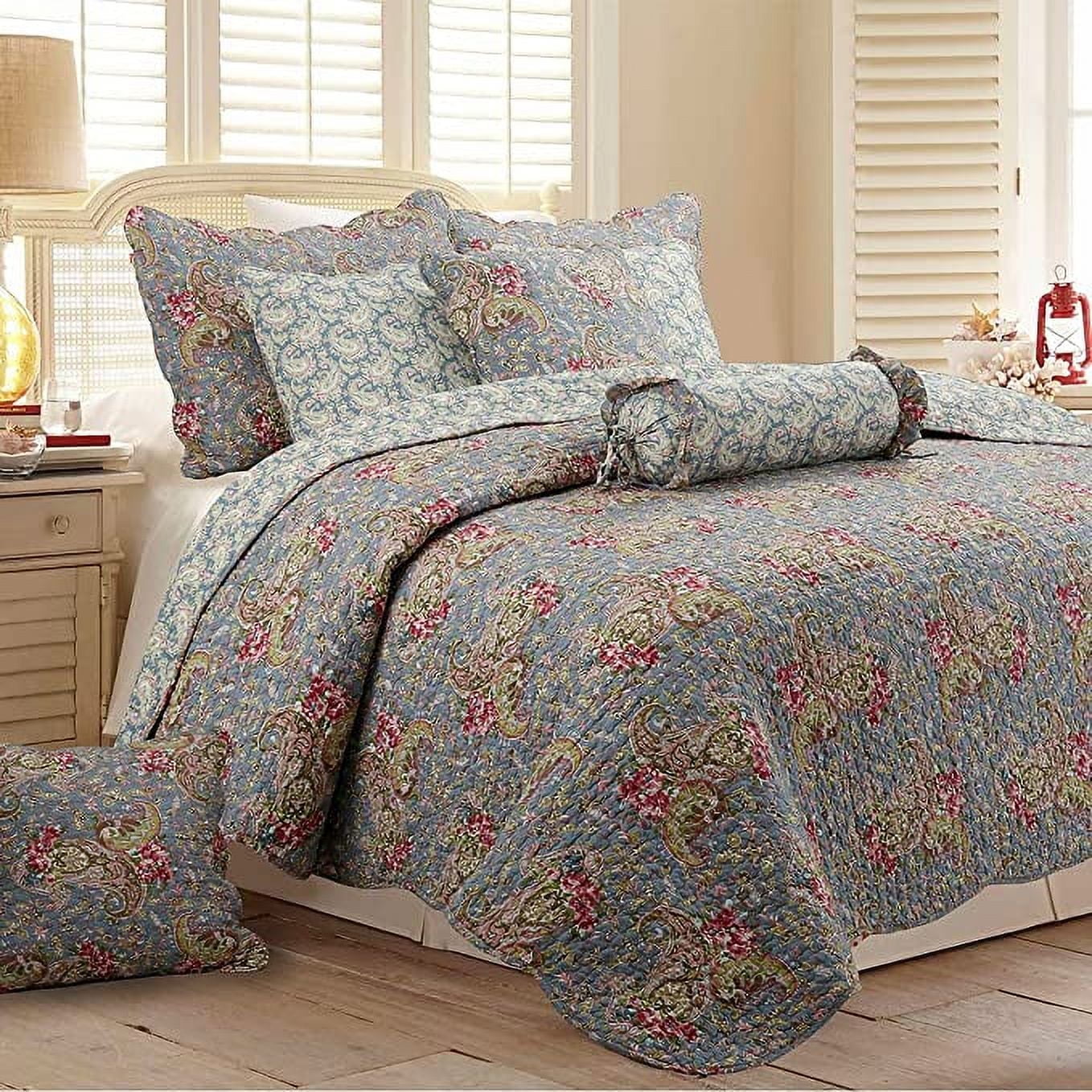 Cozy Line Kylie floral paisley quilt set in teal blue with shams and bolster