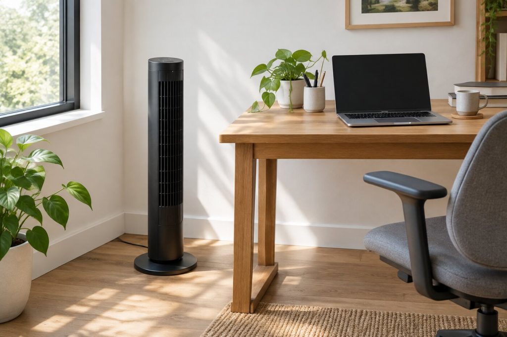 A black tower fan on the floor next to a wooden desk in a sunny home office