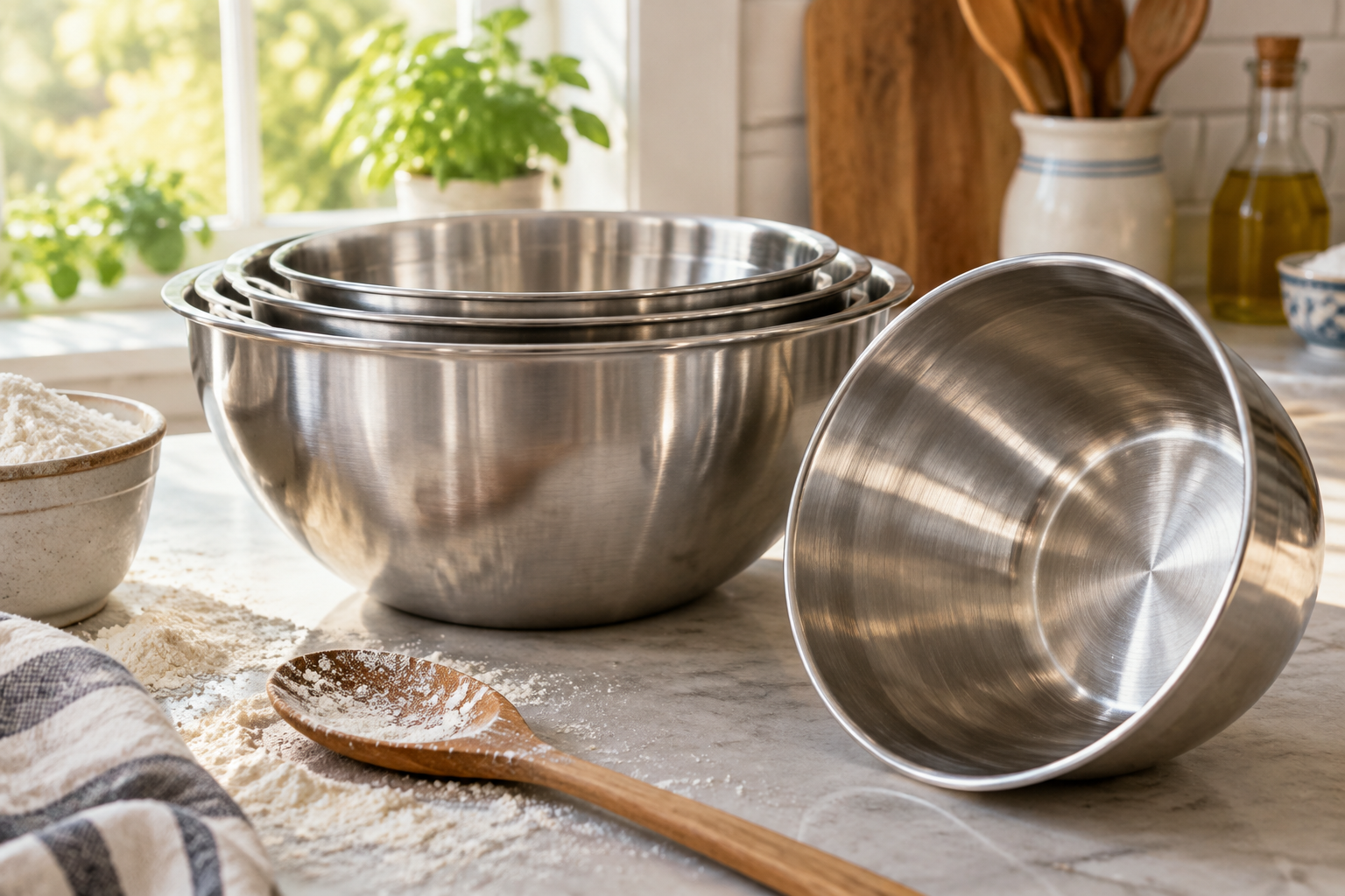 Nested stainless steel mixing bowls on a floured counter