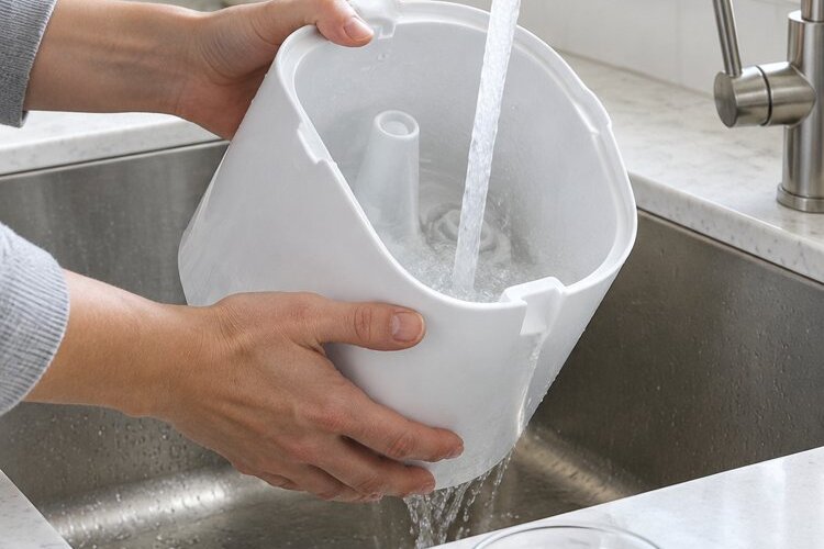 Hands rinsing an empty humidifier tank under a kitchen faucet with a bowl of vinegar and a brush nearby