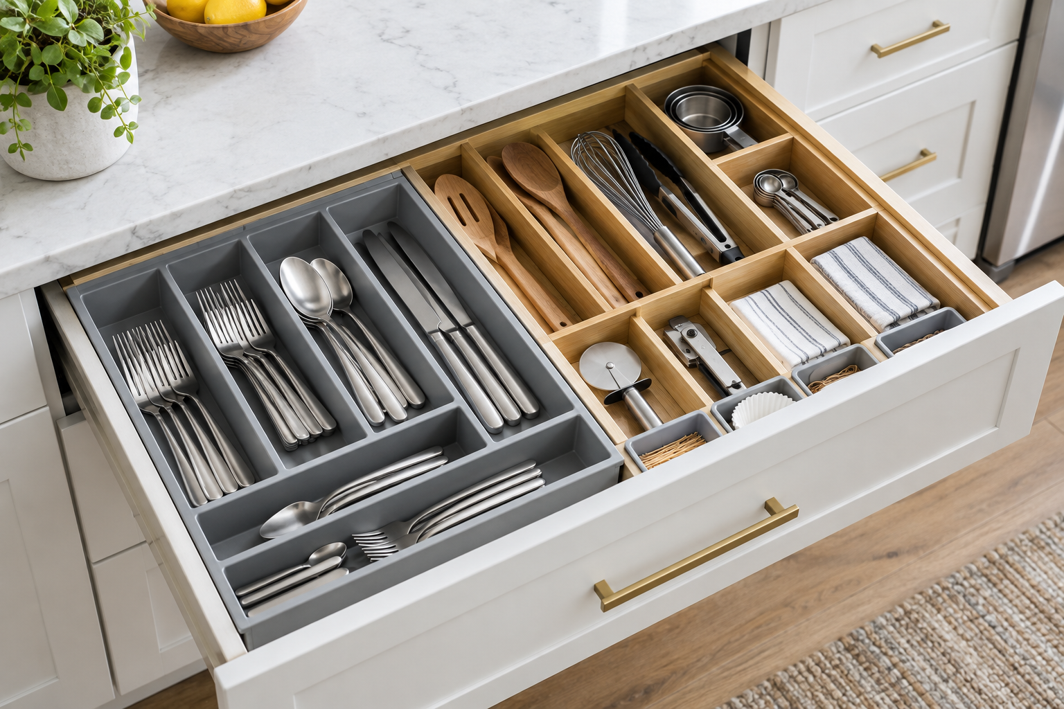 Organized kitchen drawer with trays and dividers