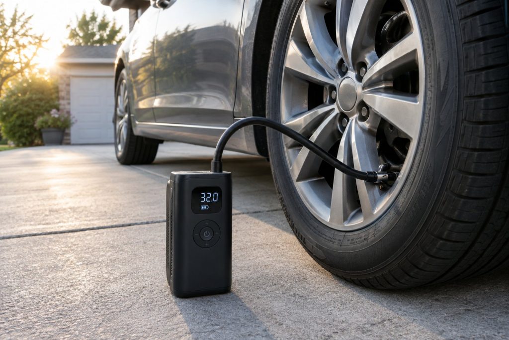 A compact cordless tire inflator connected to a car tire valve on a home driveway