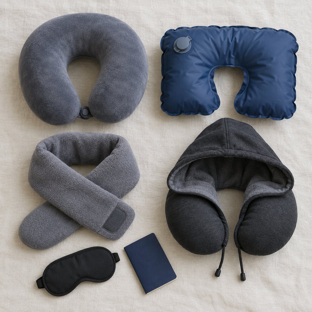 Four kinds of travel pillows laid out with an eye mask and passport: memory foam U-shape, inflatable, wrap style and hooded