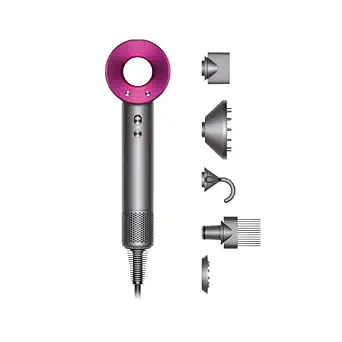 Dyson Supersonic hair dryer in iron and fuchsia with attachments
