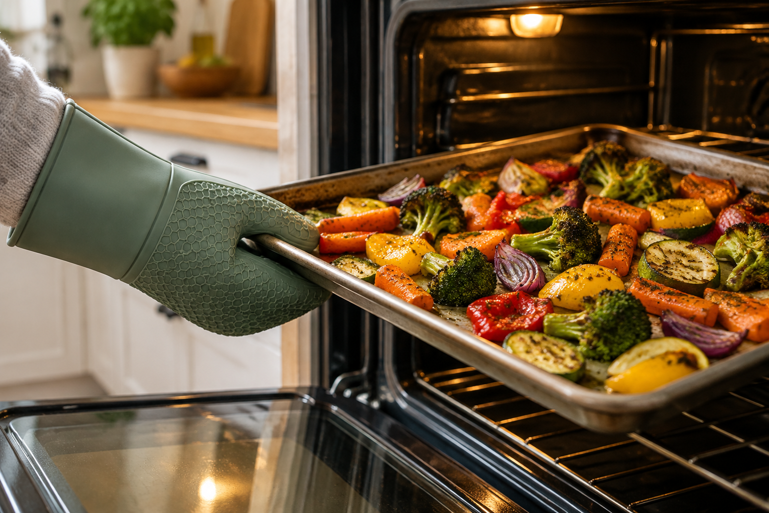 Pulling a sheet pan from the oven with a silicone mitt