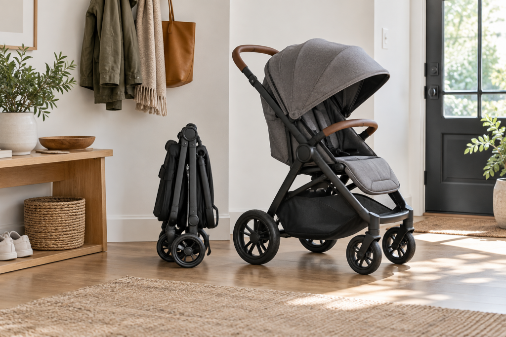 Compact folded stroller next to an open everyday stroller in a home entryway