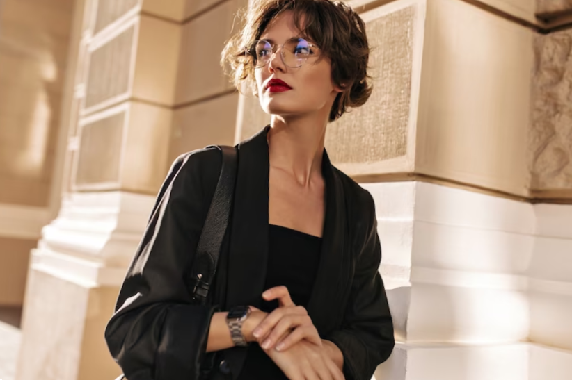 Trendy woman with wavy hairstyle and red lips posing outside. brunette woman in dark jacket and glasses looks away outdoors.