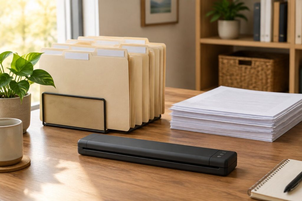 Labeled file folders and a stack of documents next to a slim portable scanner