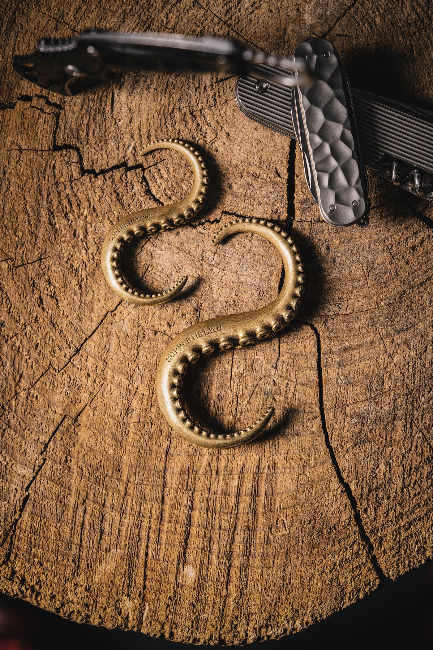 Stock photo of two brass S-shaped hooks on a wooden surface, not a listed product
