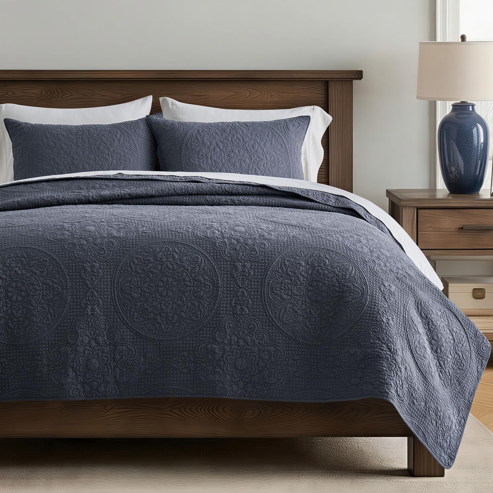 EverGrace medallion stitch quilt set in Indigo Blue with two shams