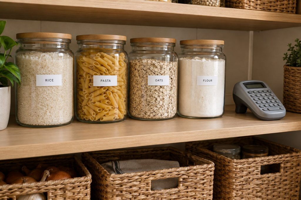 Glass pantry jars of rice, pasta, oats, and flour with neat white printed labels on a wooden shelf, with a handheld label maker beside them
