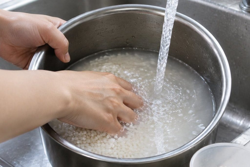 Hands rinsing rice in a stainless steel inner pot under a faucet