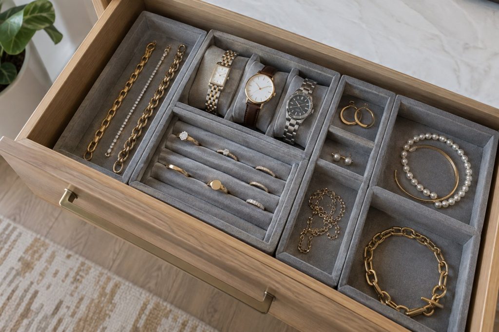 An open dresser drawer fitted with gray velvet stackable jewelry trays holding bracelets, watches, and rings