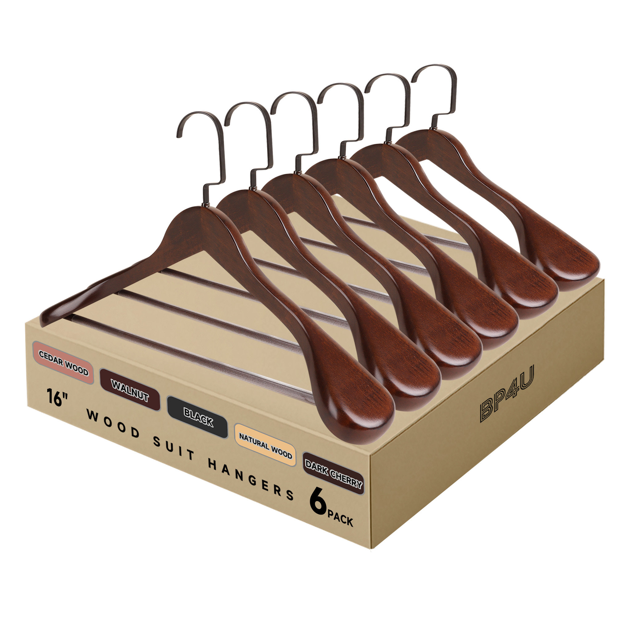 Premium Wide Shoulder Wooden Suit Hangers, 6 Pack