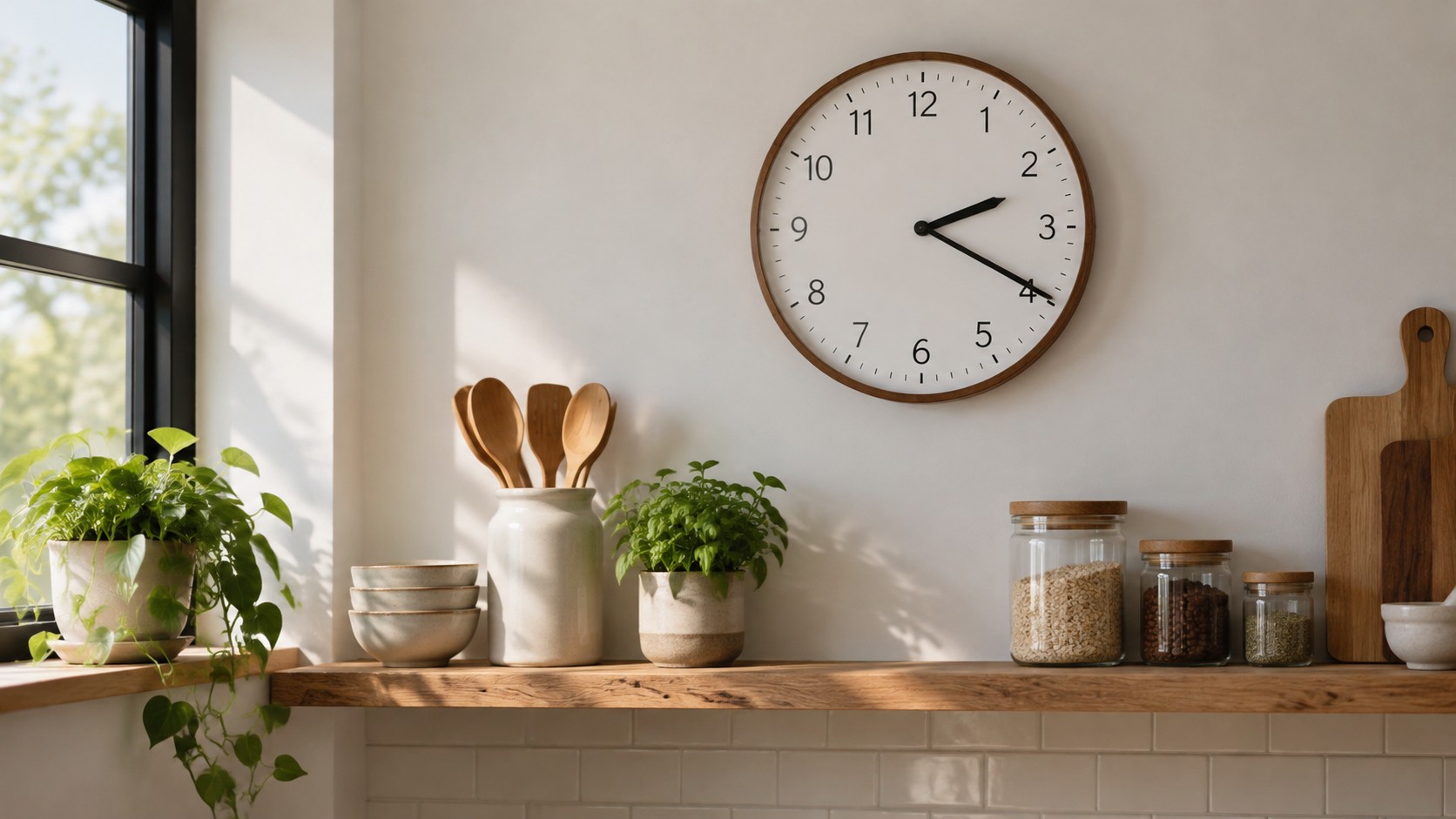 Stock photo of a generic analog clock on a kitchen wall, not a listed product