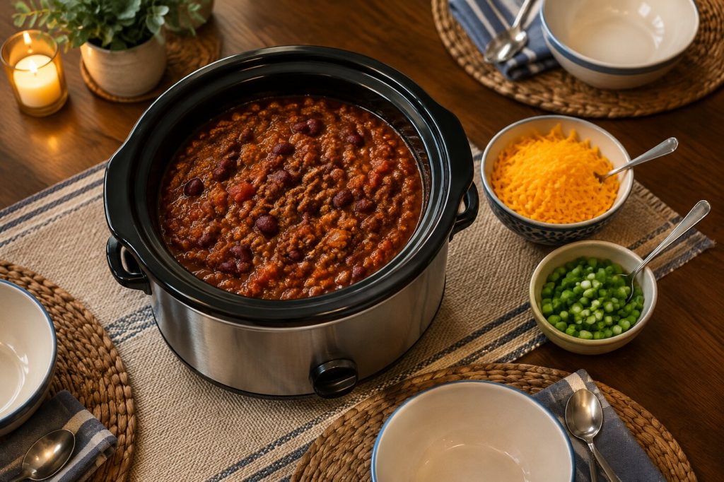 A small round slow cooker filled with chili on a dining table with bowls and toppings