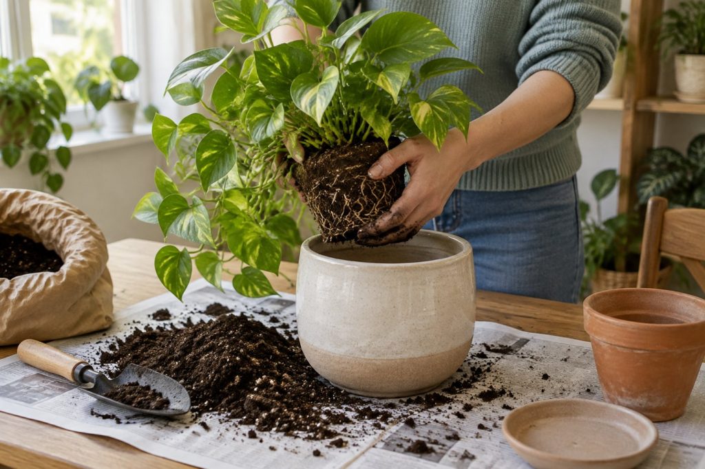 Hands repotting a pothos plant into a larger ceramic planter with potting soil on a wooden table