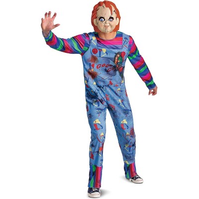Adult Chucky deluxe costume with striped shirt and overalls