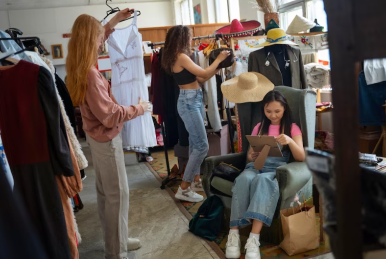 friends going shopping in antique store
