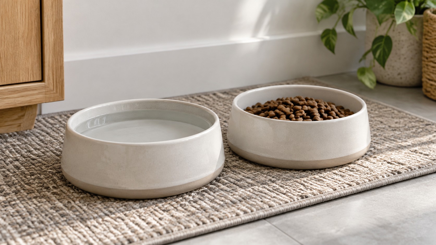 Stock photo of generic ceramic pet bowls in a home feeding corner, not listed products