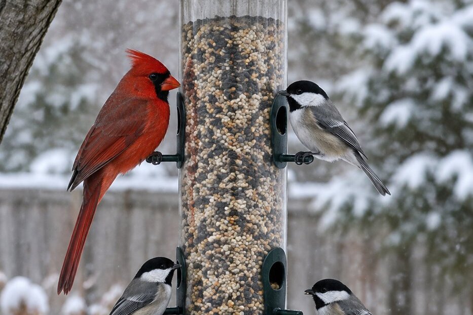 A cardinal and chickadees on a roofed tube seed feeder in a snowy backyard