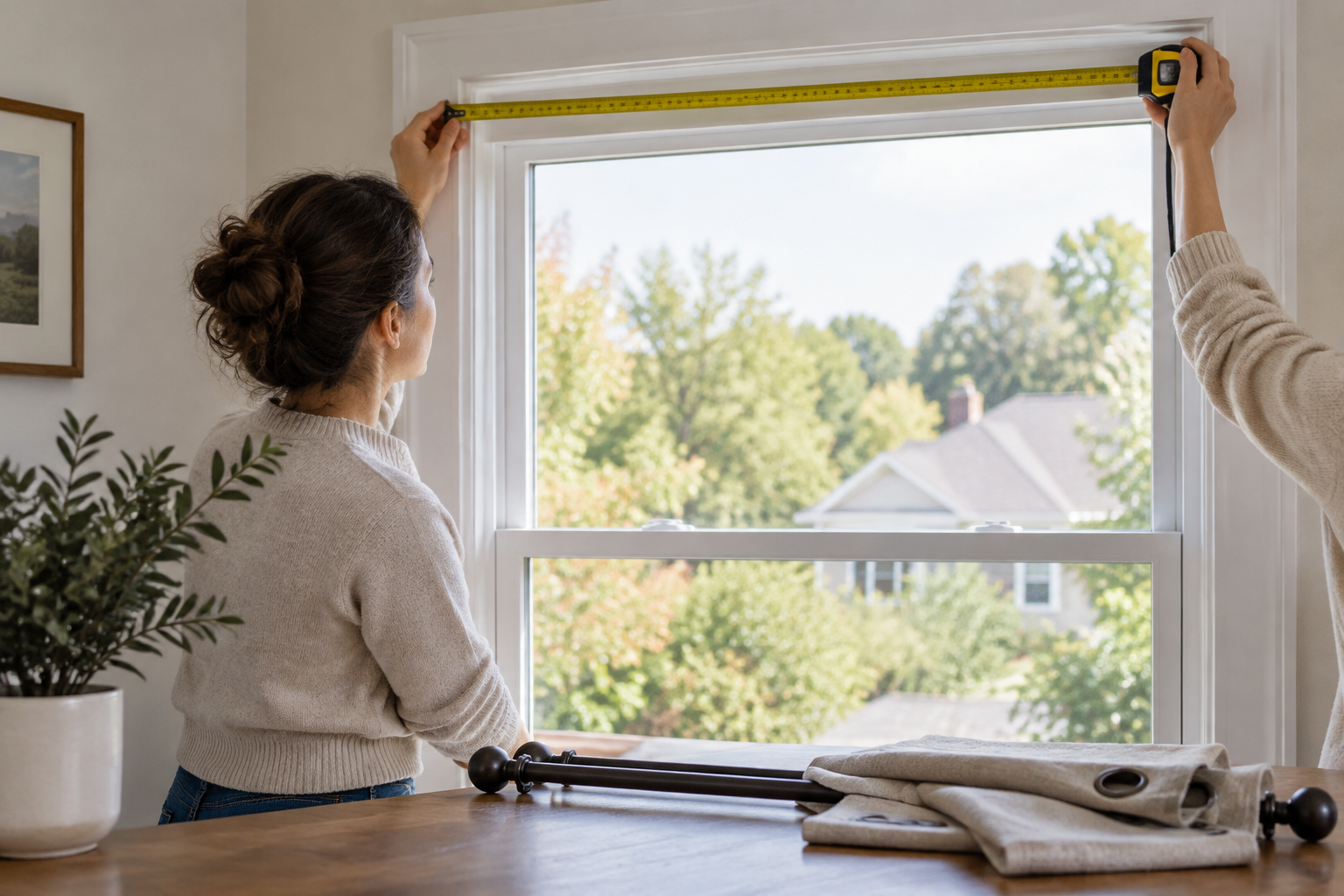 Illustrative person measuring a window before choosing curtain hardware