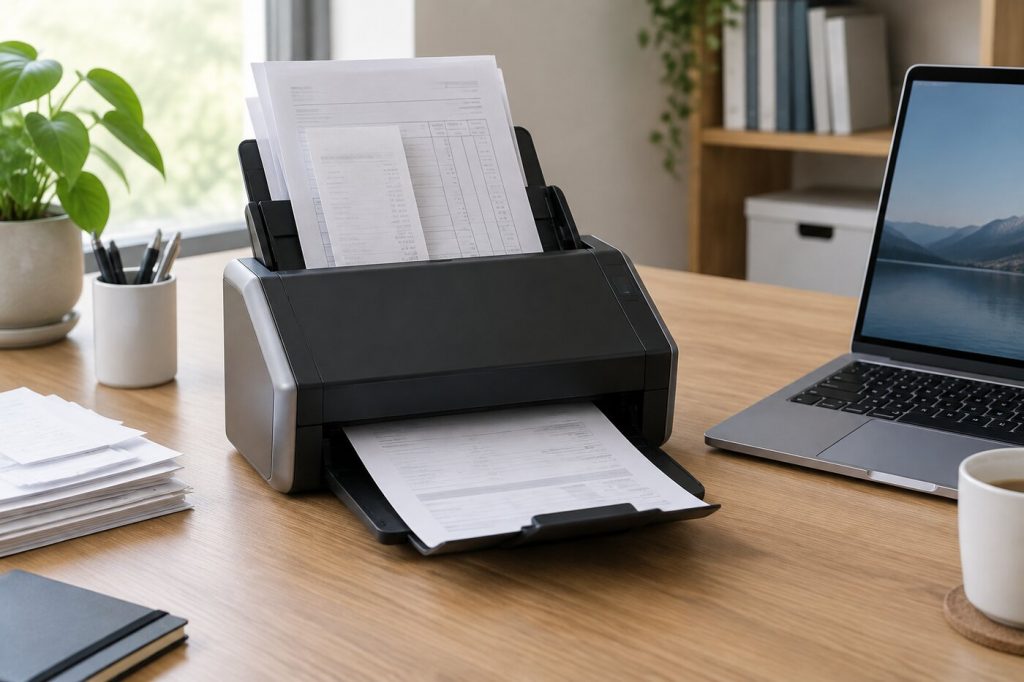 A compact sheet-fed document scanner on a small office desk feeding a stack of papers