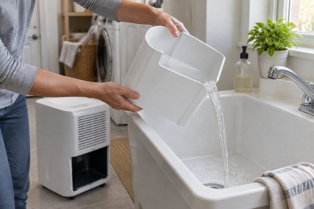 Hands emptying the water tank of a white portable dehumidifier into a utility sink