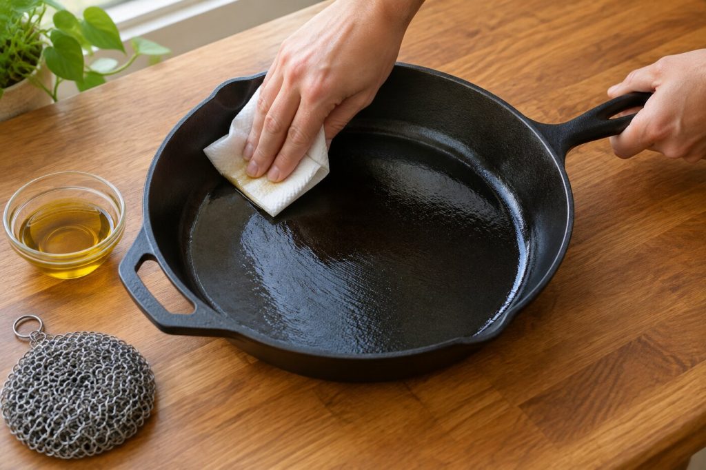 Hands wiping a thin coat of oil into a clean cast iron skillet with a paper towel