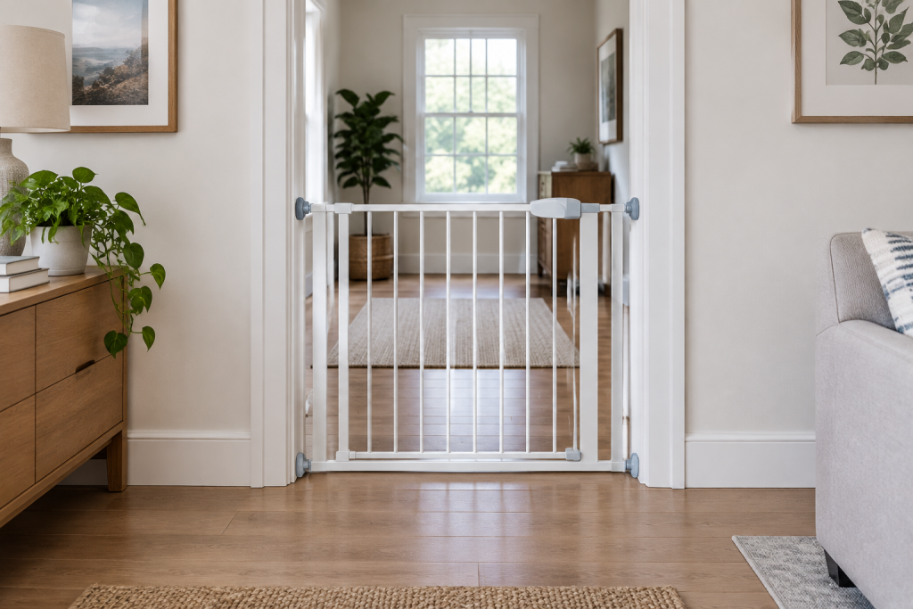 Illustration of a gate across a level doorway, not installation guidance