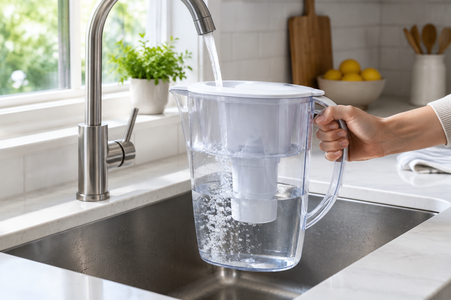 A water filter pitcher filling at a kitchen tap