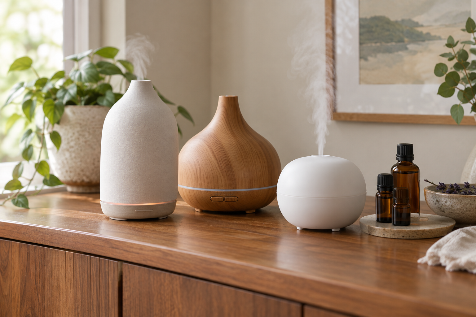 Essential oil diffusers on a wooden sideboard