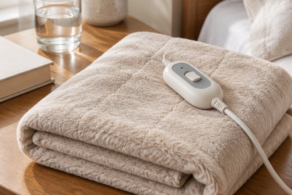 A folded beige microplush electric heating pad with a white handheld controller on a wooden nightstand beside a glass of water and a book