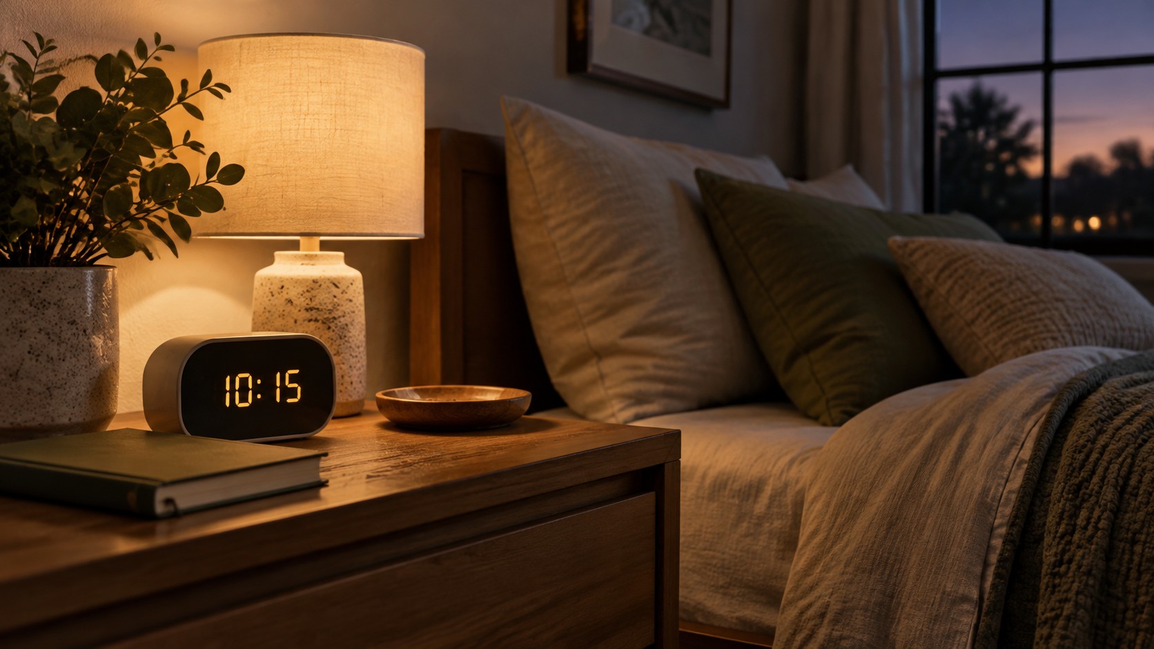 Stock photo of a generic bedside table with a digital clock, not a listed product