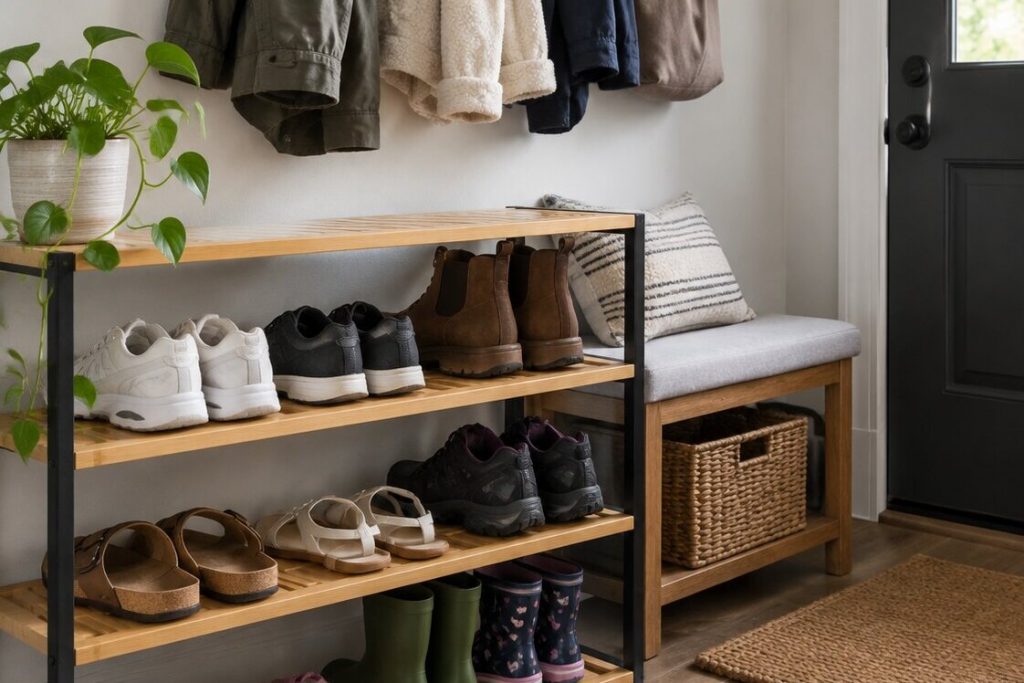 A three-tier bamboo and black metal shoe rack in a home entryway holding sneakers, boots, sandals, rain boots, and kids shoes below coat hooks