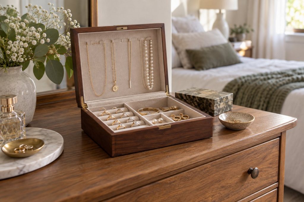 An open wooden jewelry box on a dresser showing rings, earrings, and necklaces neatly arranged