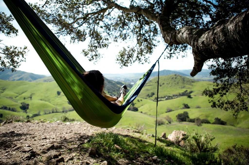Person relaxing in a green hammock hung from a tree above rolling green hills